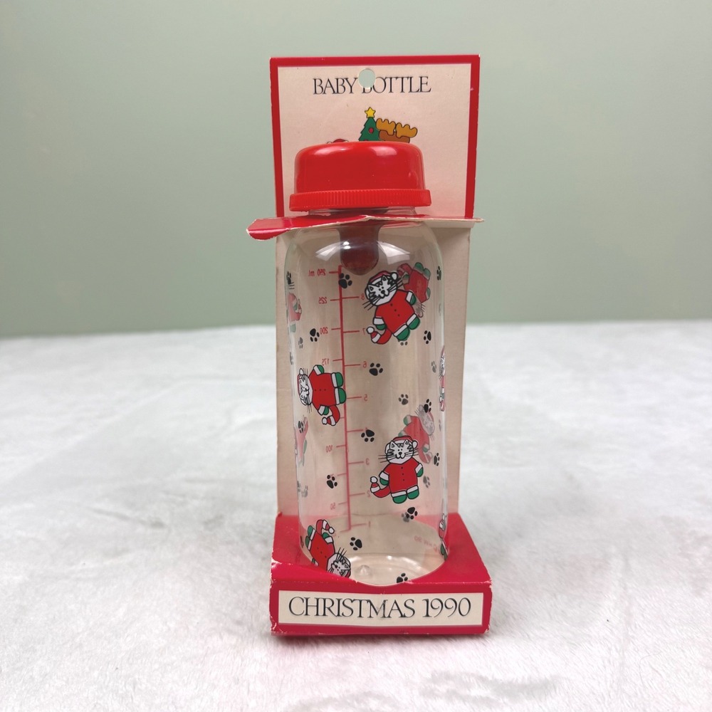 Vintage 1990 Christmas Baby Bottle Cribmates Santa Cat 8oz Clear Red Cap